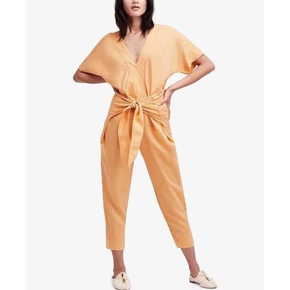 Free People Shining Sun Wrap Linen Jumpsuit Playsuit Tie Front Orange Sz S